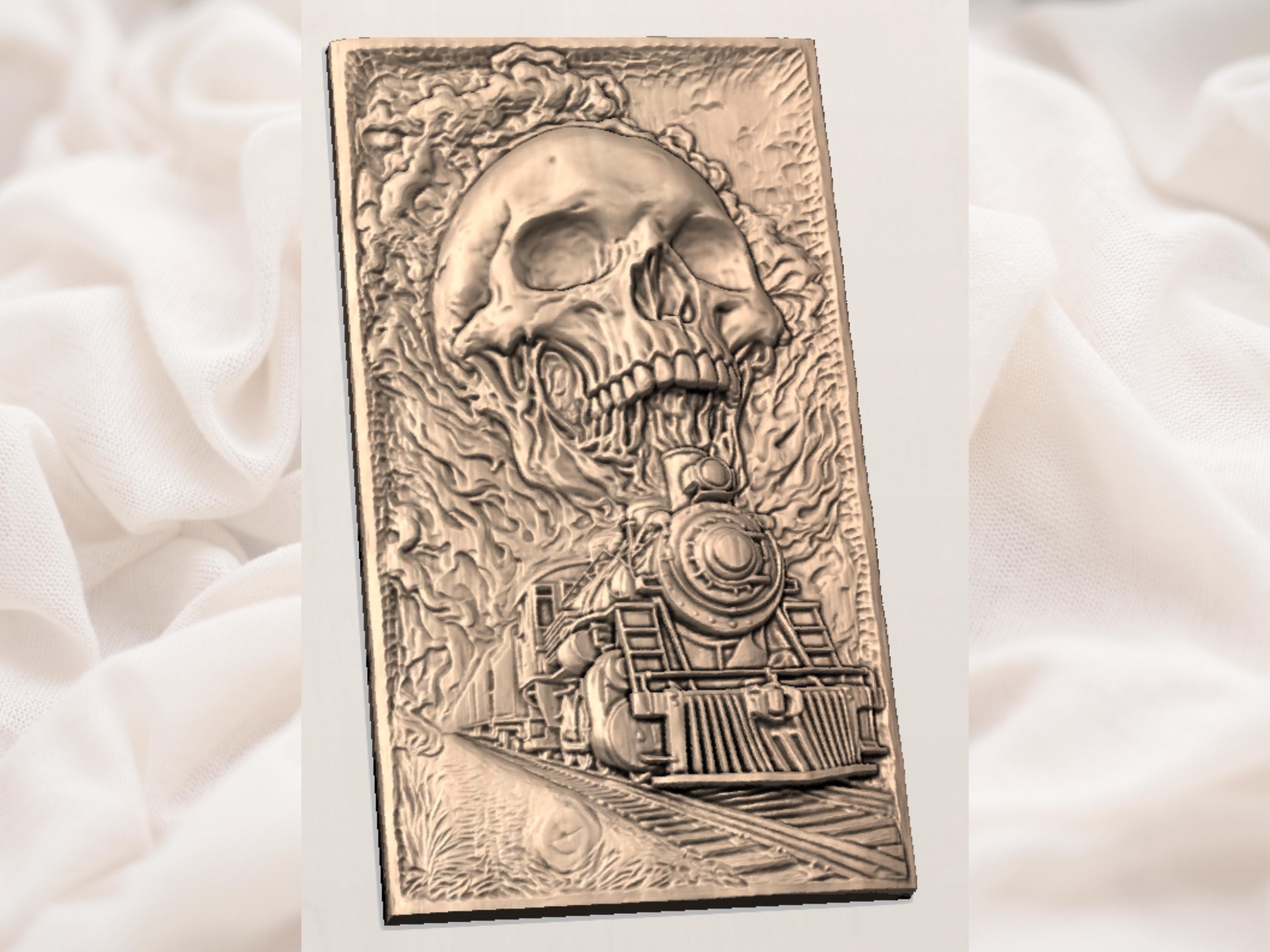 Flaming Skull and Steam Locomotive Bas Relief STL Carving bas-relief STL — view 2