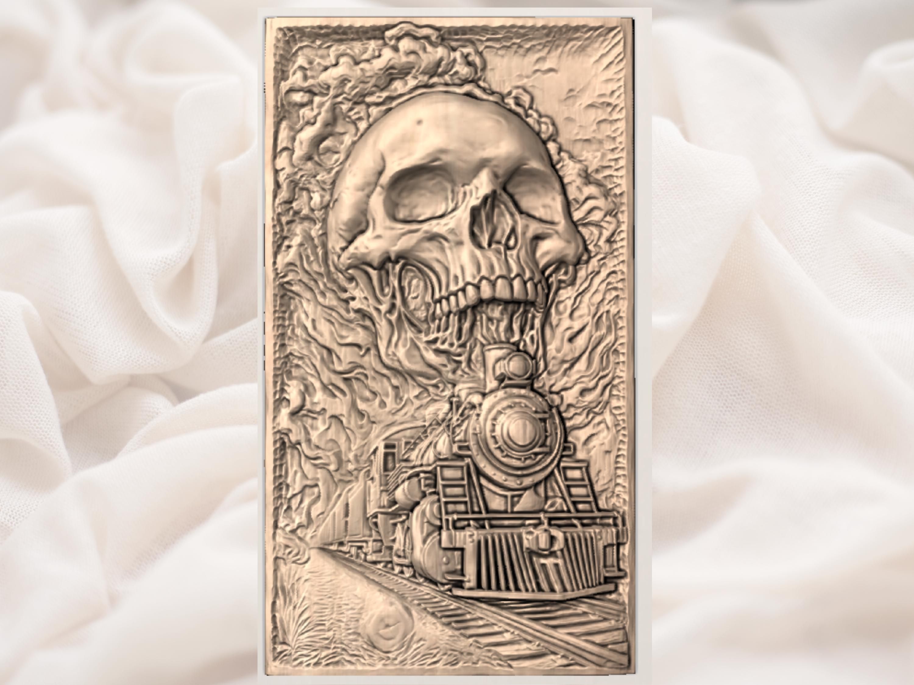 Flaming Skull and Steam Locomotive Bas Relief STL Carving bas-relief STL — view 3