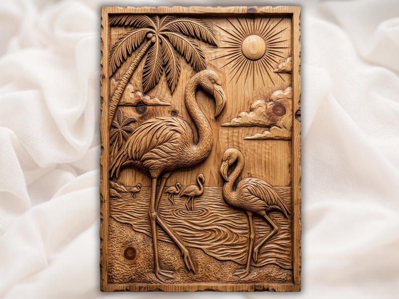 Carved wood bas-relief of three flamingos on a beach with a palm tree, clouds, and a rayed sun.