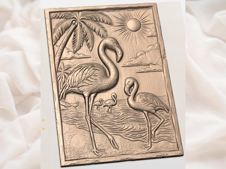 Flamingo Family Beach Scene Bas-Relief STL with Palm and Sun bas-relief STL — view 2