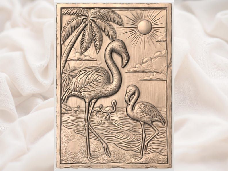 Flamingo Family Beach Scene Bas-Relief STL with Palm and Sun bas-relief STL — view 3