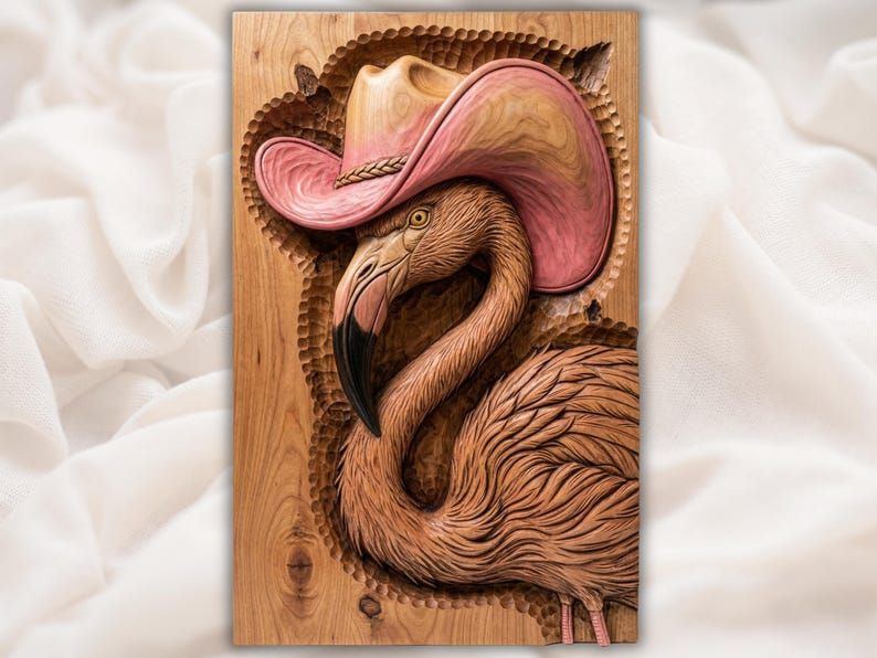 Bas-relief wood carving of a flamingo wearing a pink cowboy hat with detailed feathers