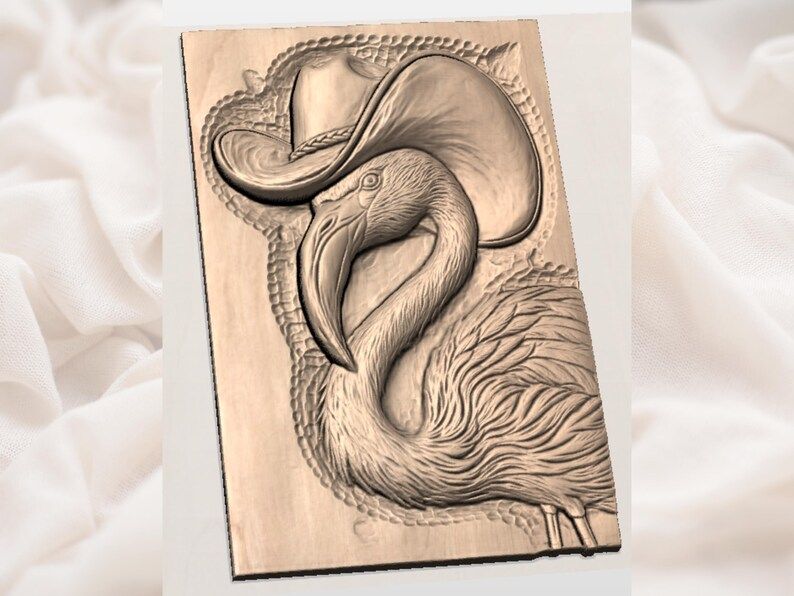 Flamingo in a Pink Cowboy Hat Bas-Relief STL Carving bas-relief STL — view 2