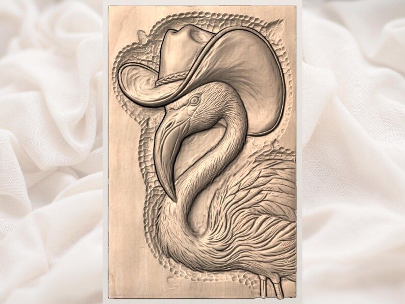 Flamingo in a Pink Cowboy Hat Bas-Relief STL Carving bas-relief STL — view 3