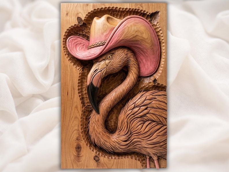 Flamingo in a Pink Cowboy Hat Bas-Relief STL Carving bas-relief STL design