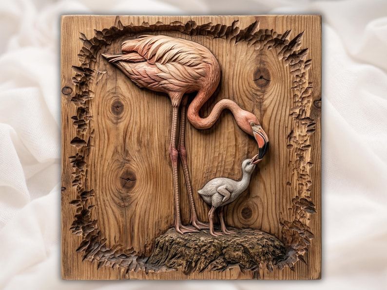 Bas-relief wood carving of a mother flamingo feeding her chick on driftwood inside a torn-bark frame.
