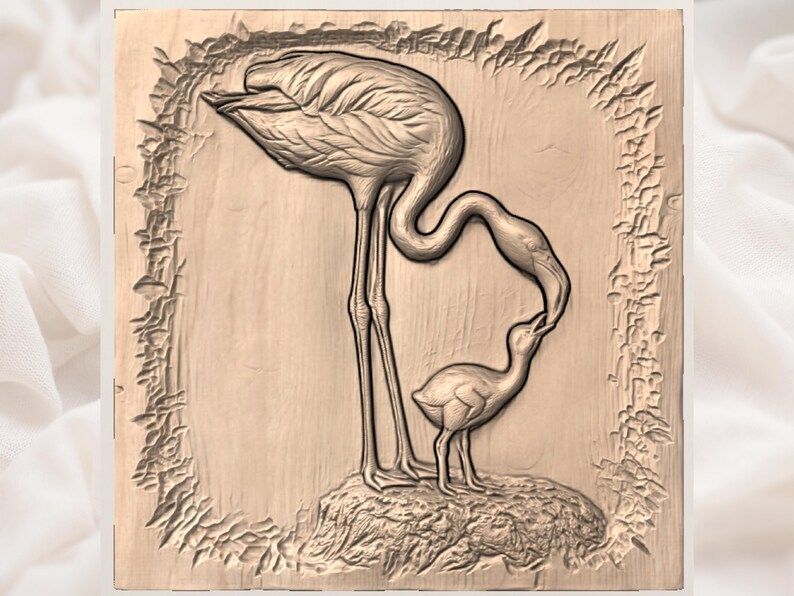 Mother Flamingo Feeding Her Chick Bas-Relief STL bas-relief STL — view 2