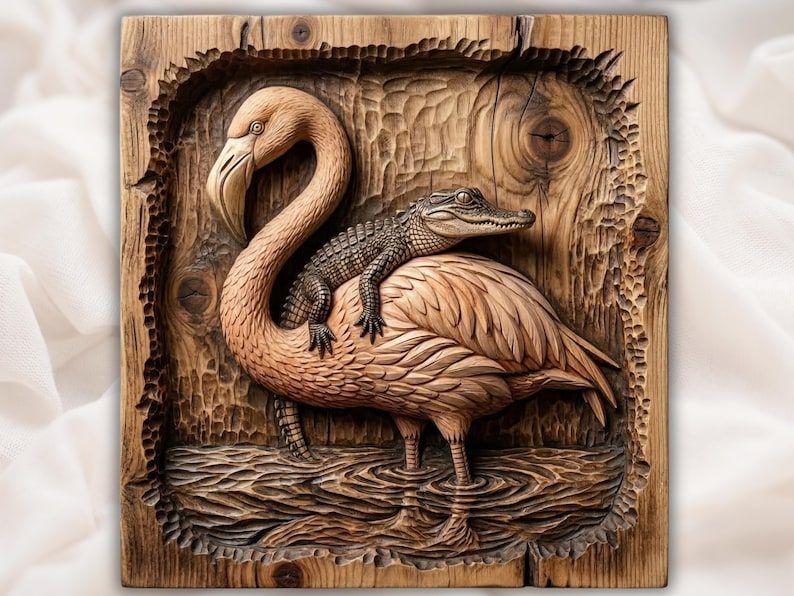 Carved wood relief of a flamingo wading in water with a small alligator resting on its back