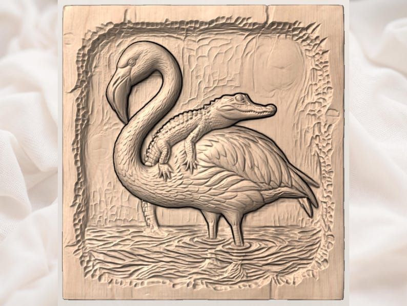 Flamingo and Gator Wetland Scene Bas-Relief STL for CNC bas-relief STL — view 3