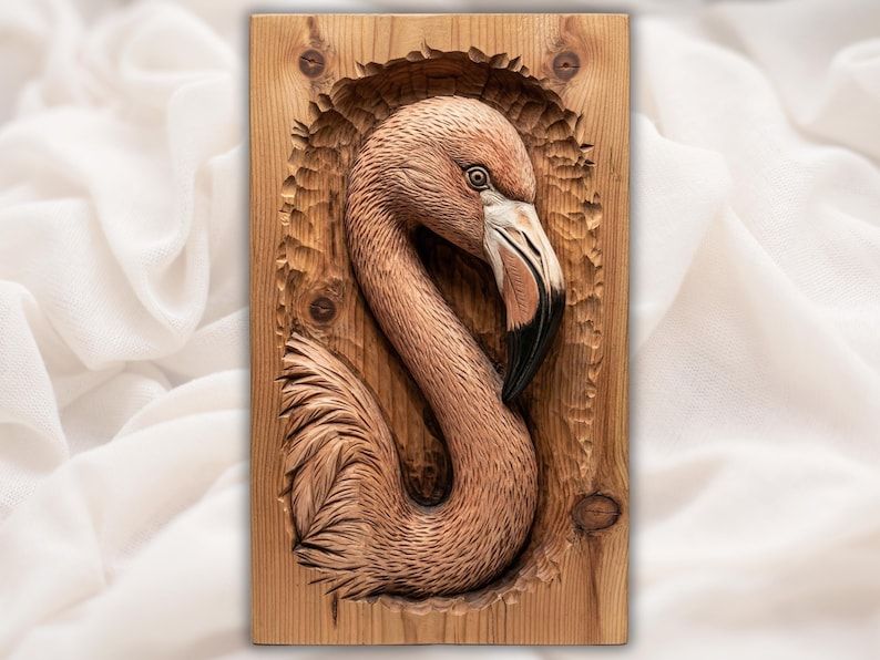 Carved wood bas-relief of a flamingo with curved neck, textured feathers, and a dark beak on a vertical plaque