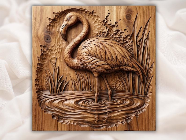 Bas-relief wood carving of a flamingo standing in rippling water with marsh grass behind it