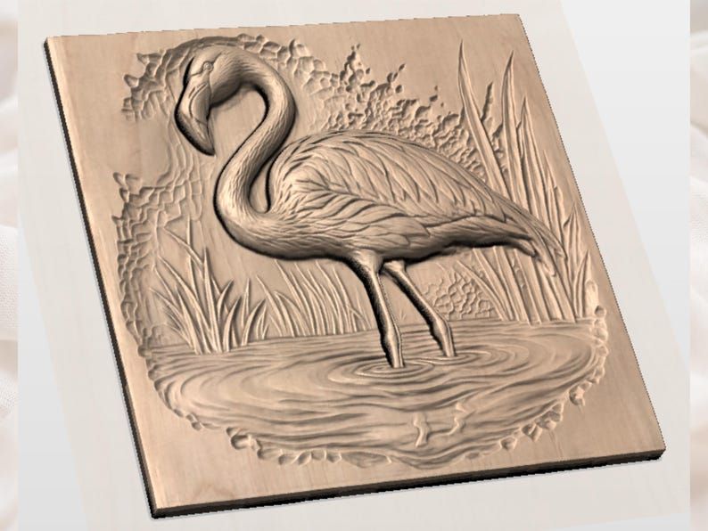 Standing Flamingo in Still Water Bas-Relief STL Carving bas-relief STL — view 2