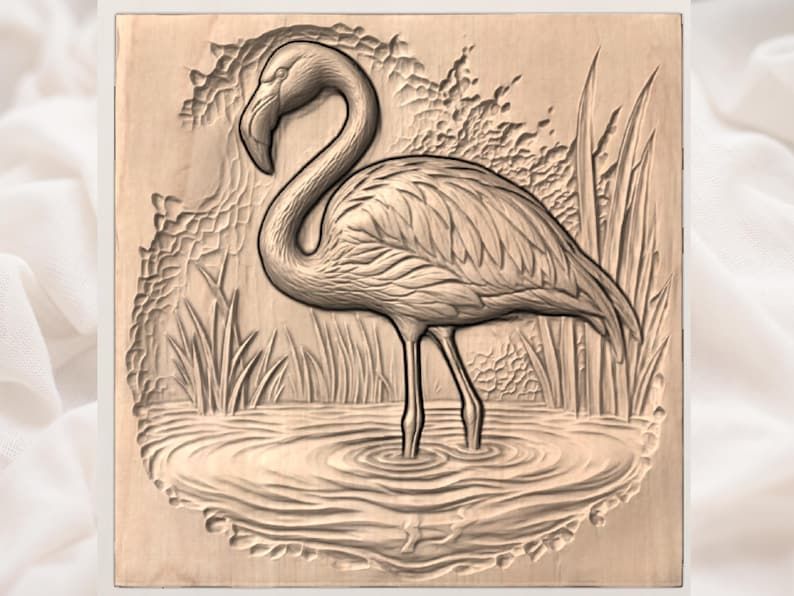 Standing Flamingo in Still Water Bas-Relief STL Carving bas-relief STL — view 3