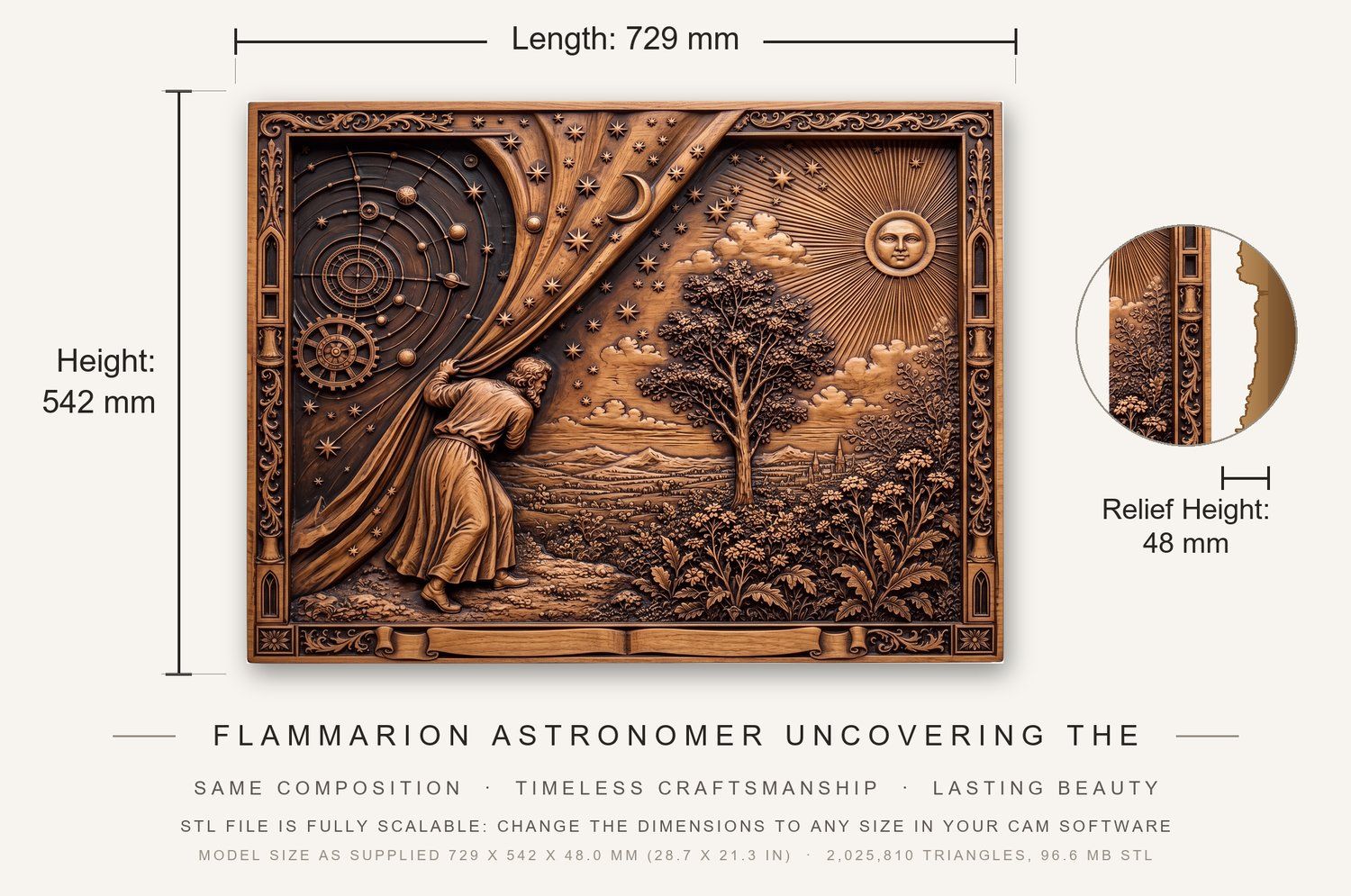 Flammarion Astronomer Uncovering The Cosmos CNC Relief STL bas-relief STL — view 3