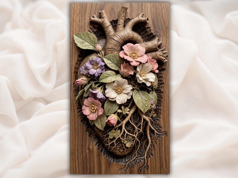 Carved anatomical heart wrapped in flowers, leaves, and trailing roots on a wood panel, bas-relief design.