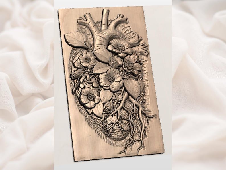 Anatomical Heart in Bloom STL, Floral Roots Bas-Relief Carving bas-relief STL — view 2