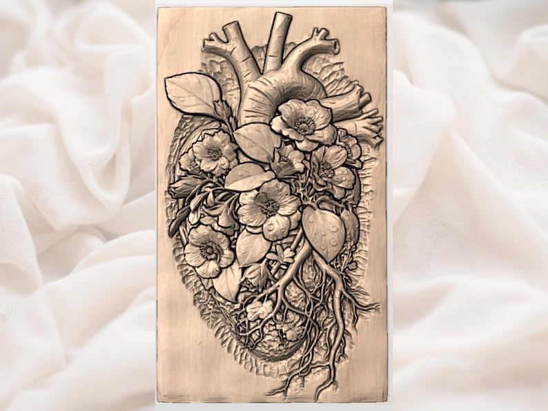 Anatomical Heart in Bloom STL, Floral Roots Bas-Relief Carving bas-relief STL — view 3