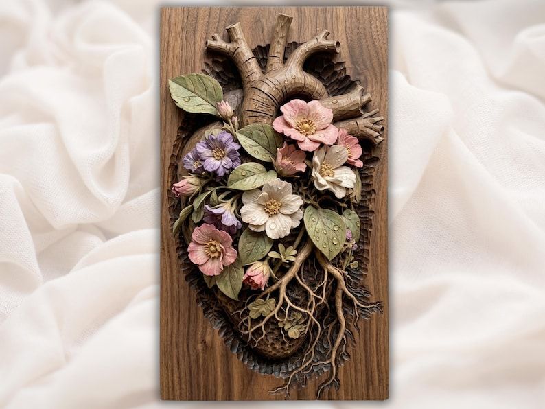 Anatomical Heart in Bloom STL, Floral Roots Bas-Relief Carving bas-relief STL design