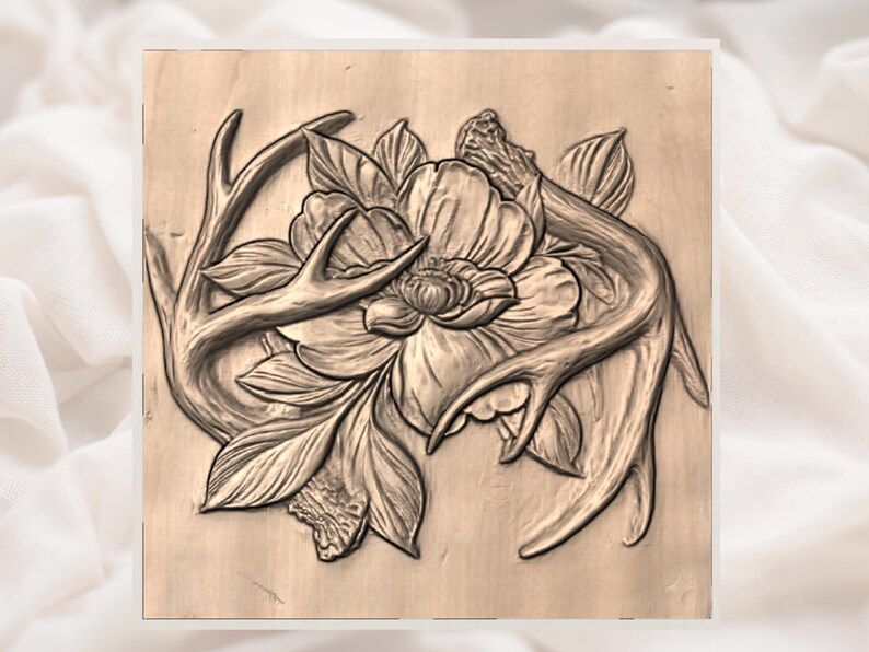 Blooming Peony Wrapped in Deer Antlers Bas-Relief STL bas-relief STL — view 2