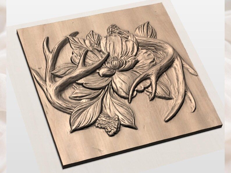 Blooming Peony Wrapped in Deer Antlers Bas-Relief STL bas-relief STL — view 3