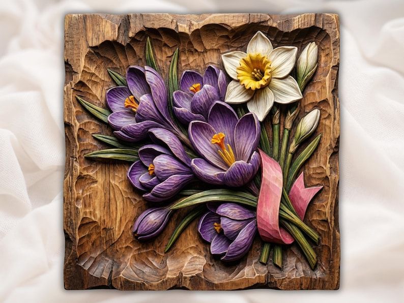 Carved wood relief of purple crocus flowers and a white daffodil tied with a pink ribbon