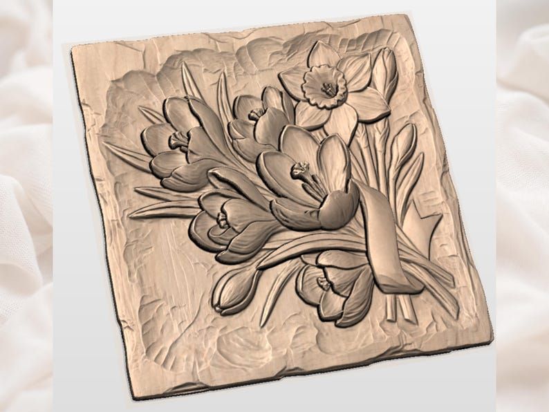 Crocus and Daffodil Spring Bouquet Bas-Relief STL bas-relief STL — view 2