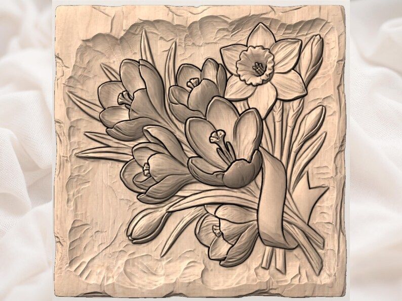 Crocus and Daffodil Spring Bouquet Bas-Relief STL bas-relief STL — view 3