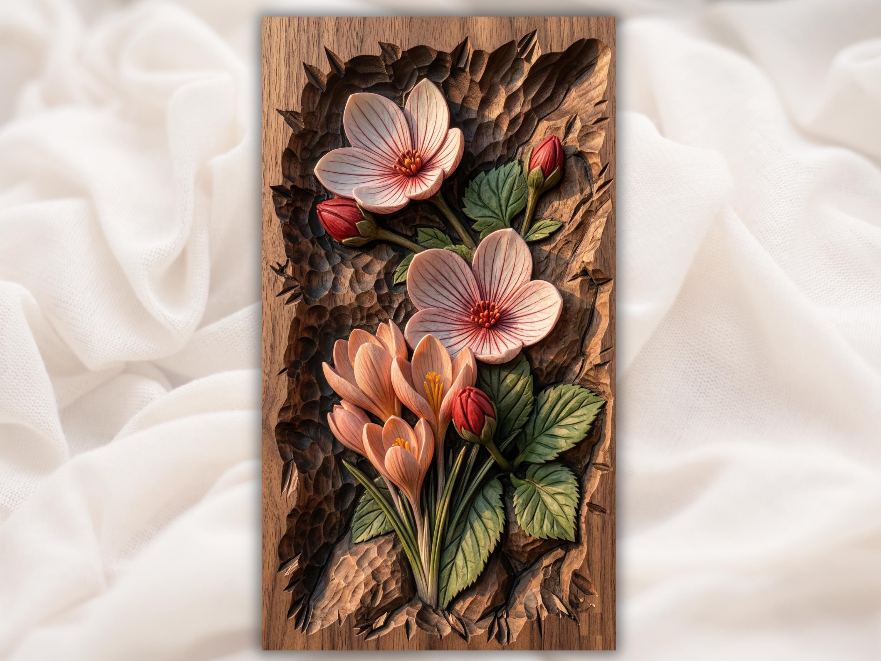 Bas-relief wood carving of pink crocus, veined blossoms, and red buds with leaves on a chiseled background.