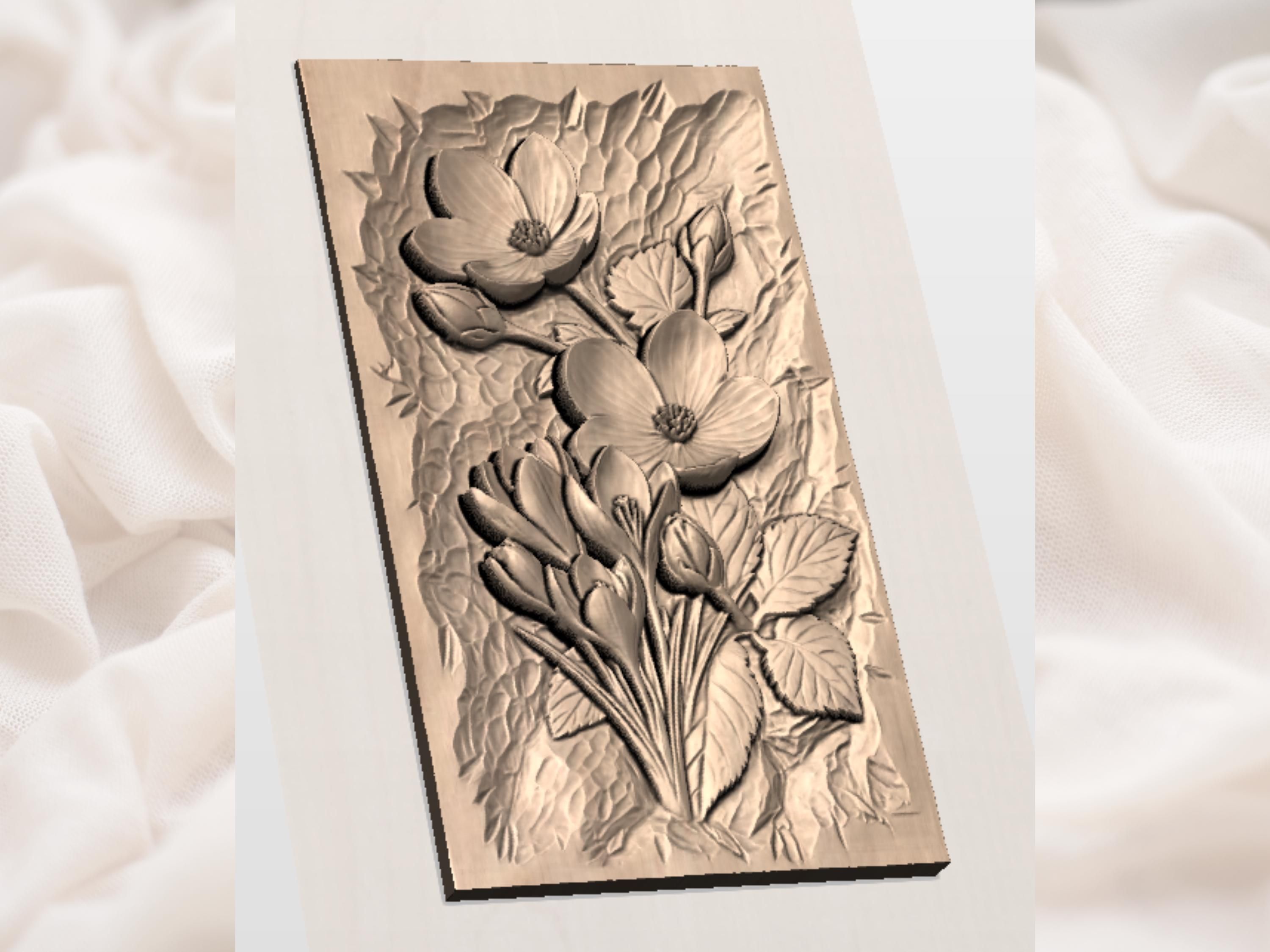 Crocus and Blossom Bouquet Bas-Relief Floral STL Carving bas-relief STL — view 2
