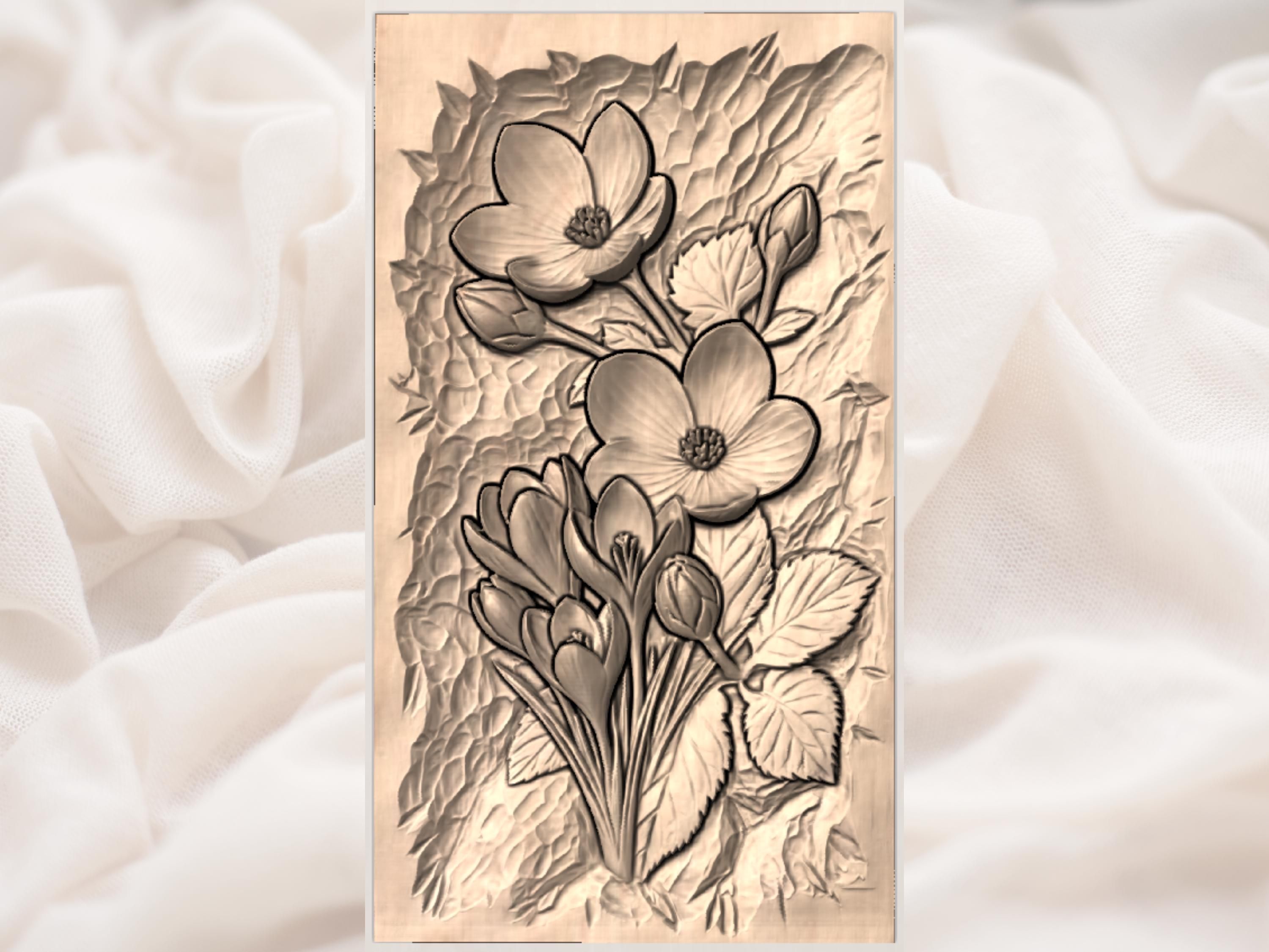 Crocus and Blossom Bouquet Bas-Relief Floral STL Carving bas-relief STL — view 3
