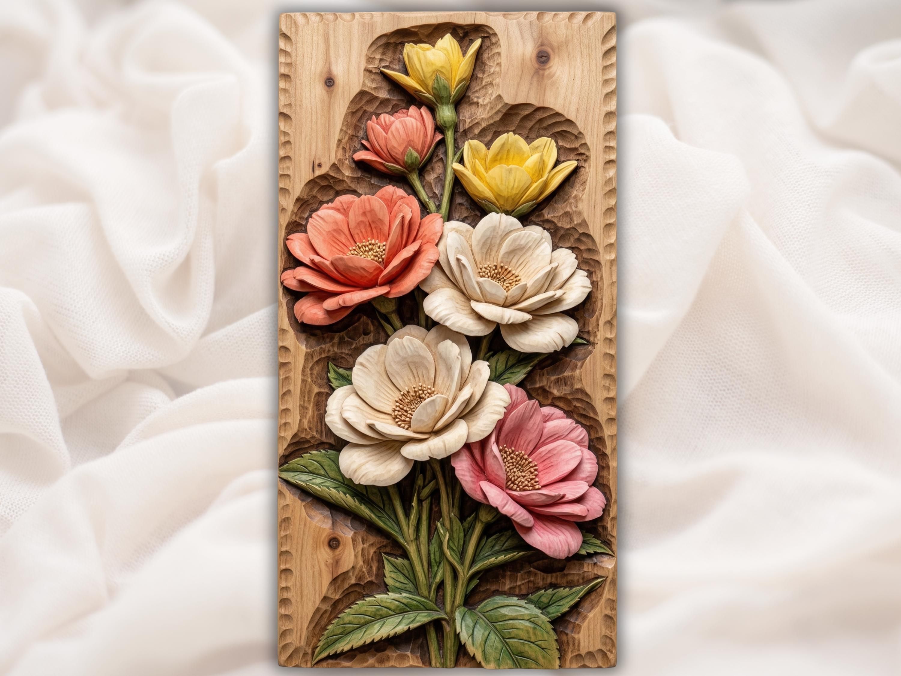 Carved wood bas-relief bouquet of coral, ivory, pink and yellow flowers with green leaves and stems