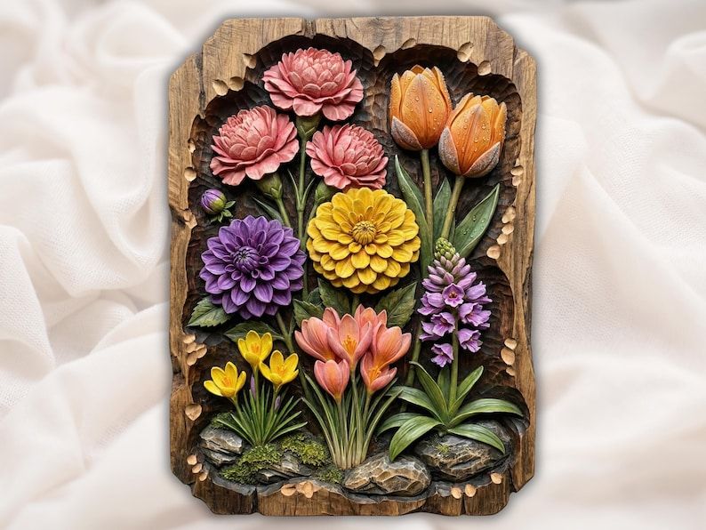 Carved wood relief of a spring flower bouquet with tulips, peonies, dahlia, zinnia and crocus on rocks