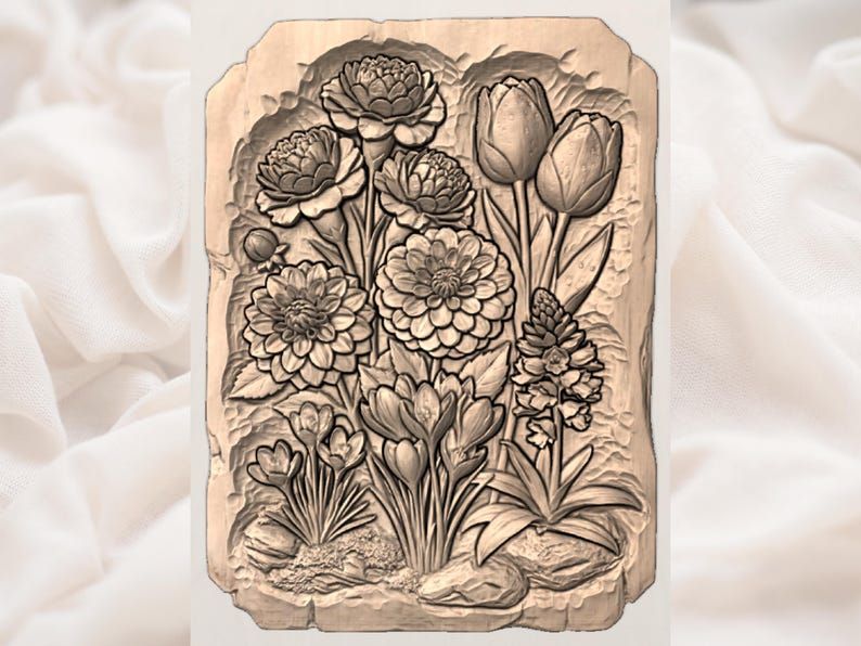 Spring Garden Flower Bouquet Bas-Relief STL for CNC Carving bas-relief STL — view 3