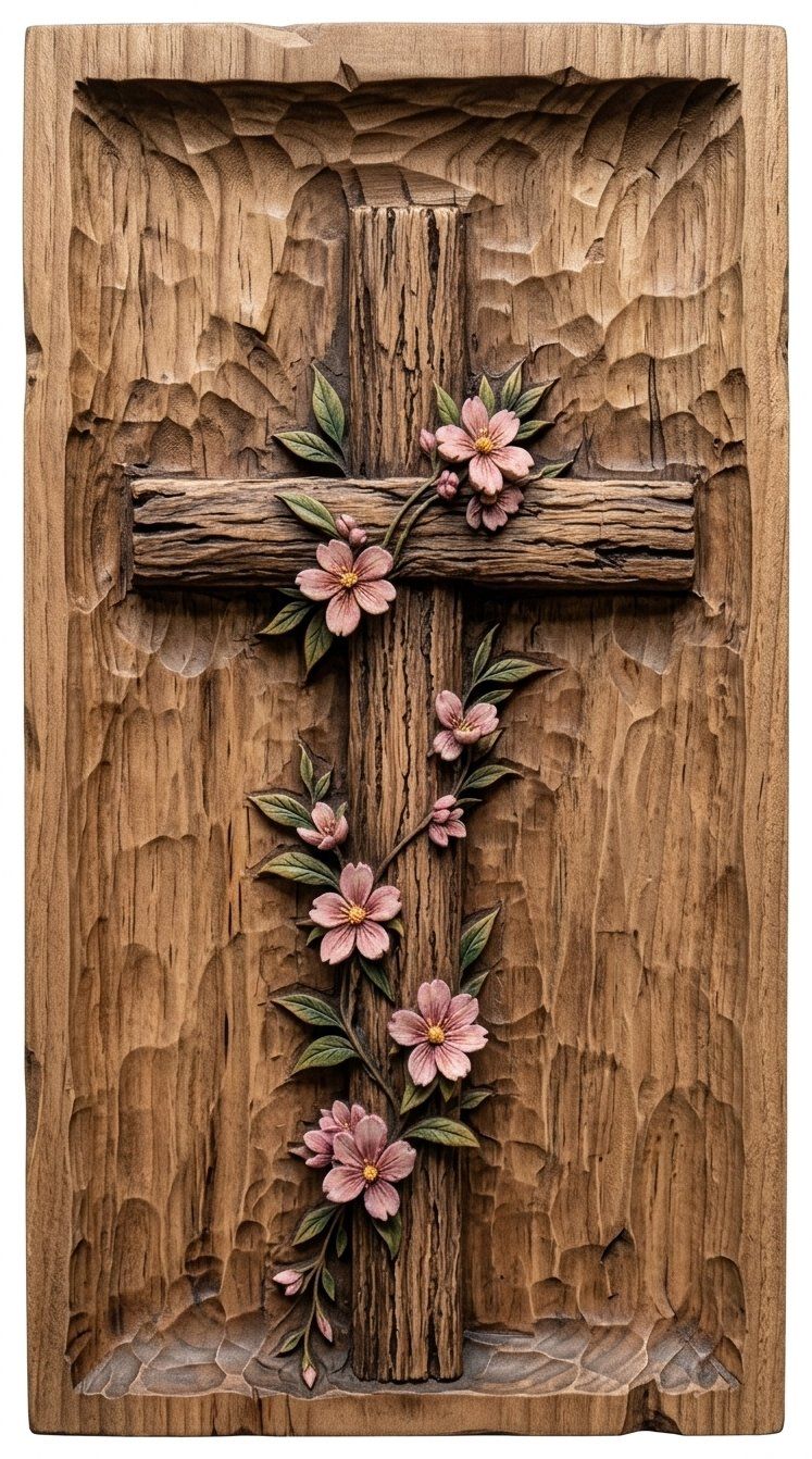 Floral Cherry Blossom Cross Religious Wall Art CNC Relief STL | Christian Decor Wood Carving | Sacred Faith Panel for CNC — carved bas relief STL file for CNC