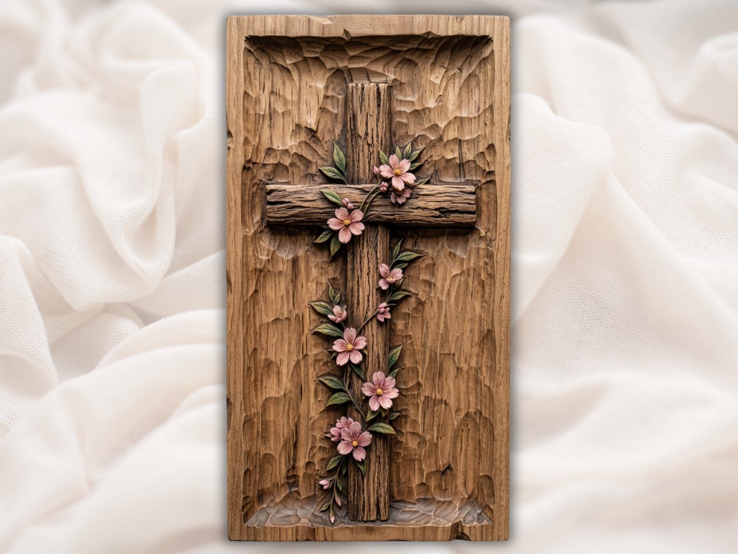 Floral Cherry Blossom Cross Religious Wall Art CNC Relief STL bas-relief STL — view 2