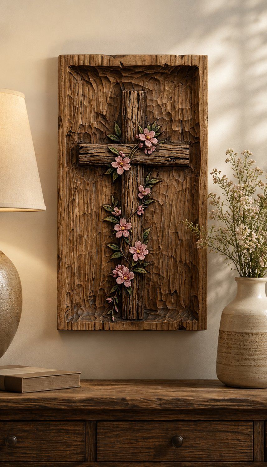 Floral Cherry Blossom Cross Religious Wall Art CNC Relief STL bas-relief STL — view 6