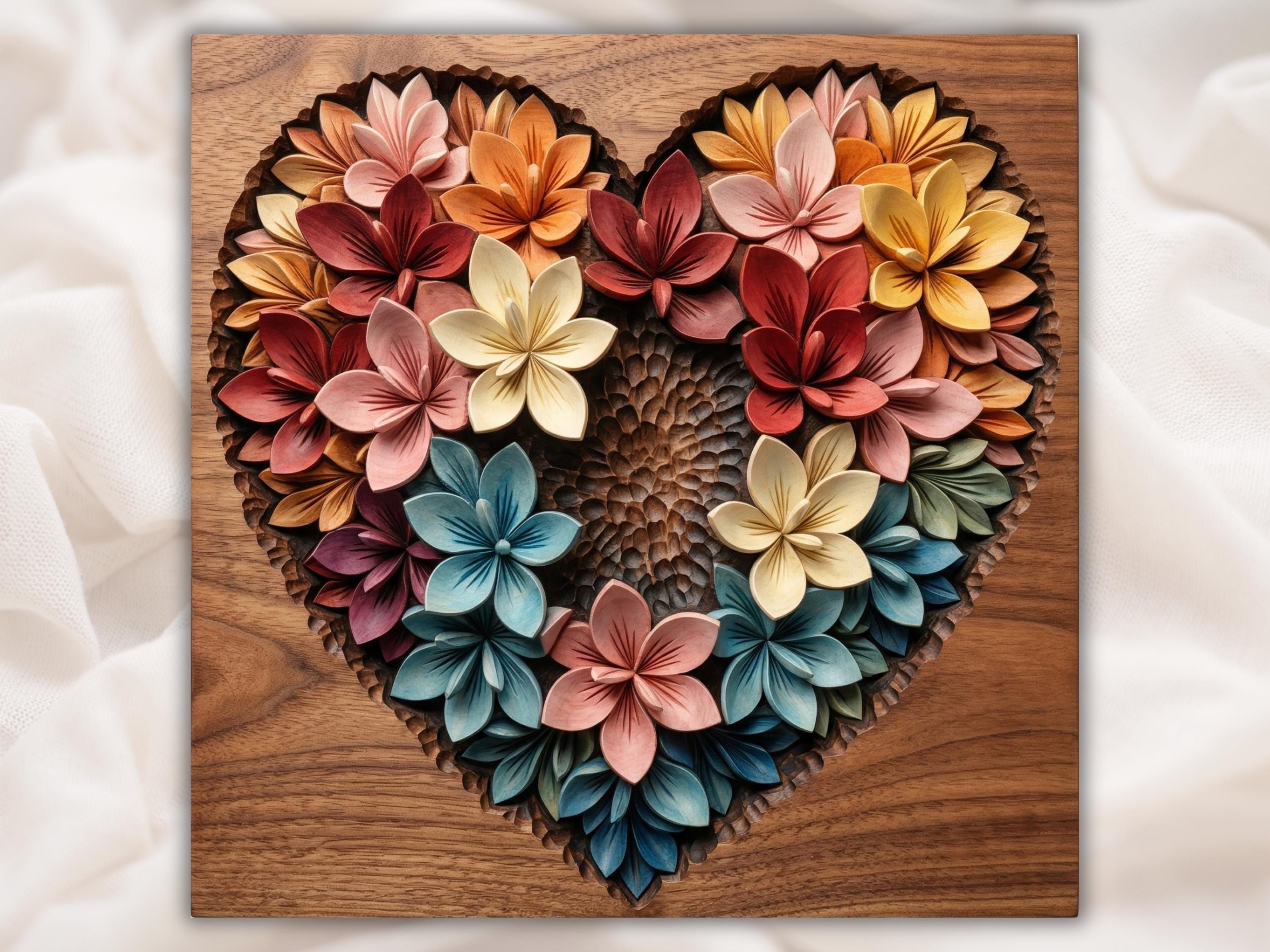 Bas-relief wood carving of layered flowers forming a heart shape, in gold, red, blue, and pink tones around a textured center.
