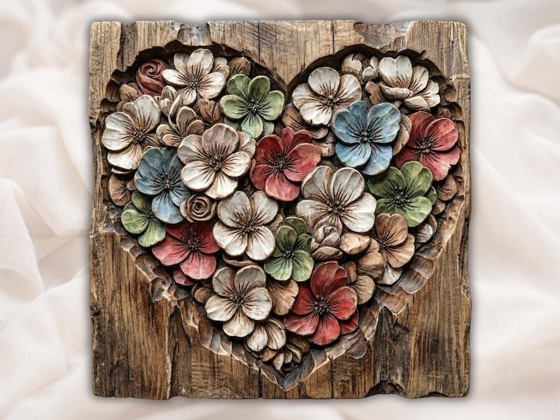 Bas-relief carving of a heart filled with layered flowers in faded red, blue, green, and white on rustic wood
