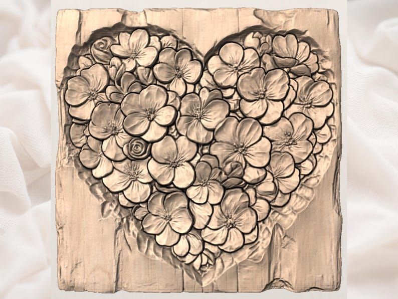 Blooming Floral Heart Bas-Relief STL for CNC Carving bas-relief STL — view 3