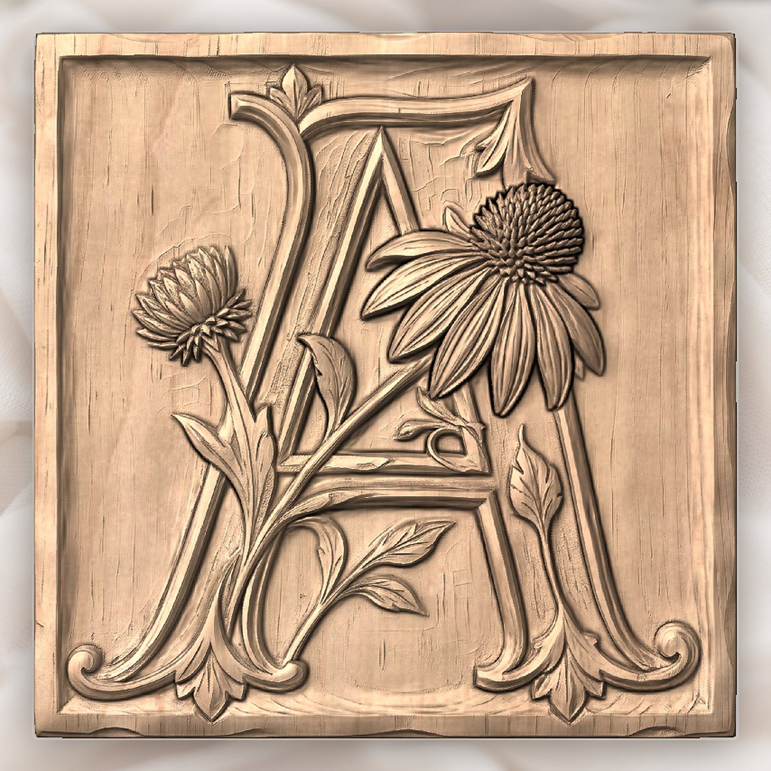 Floral Monogram Letter A CNC Relief STL bas-relief STL — view 3