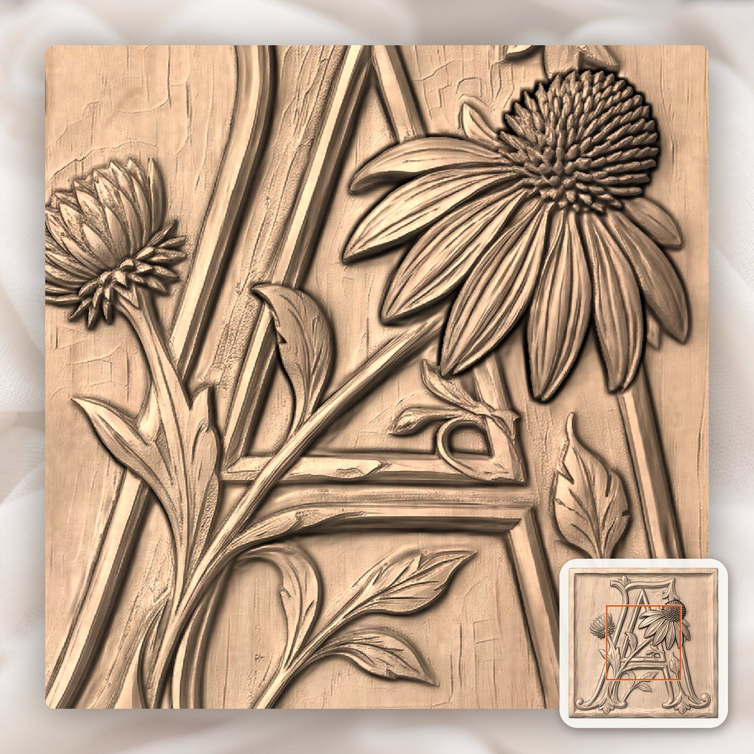Floral Monogram Letter A CNC Relief STL bas-relief STL — view 5