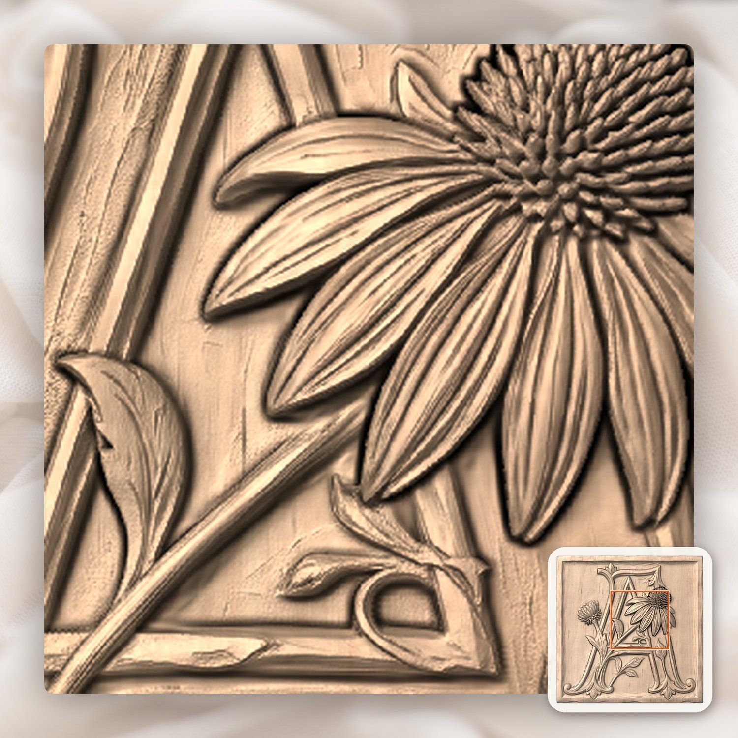 Floral Monogram Letter A CNC Relief STL bas-relief STL — view 6