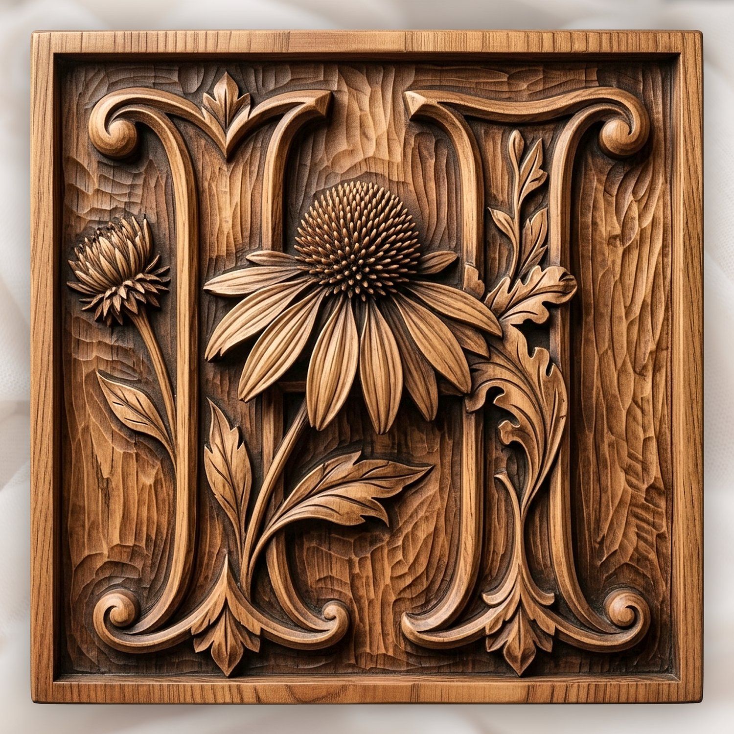 Floral Monogram Letter H Echinacea CNC Relief STL bas-relief STL design