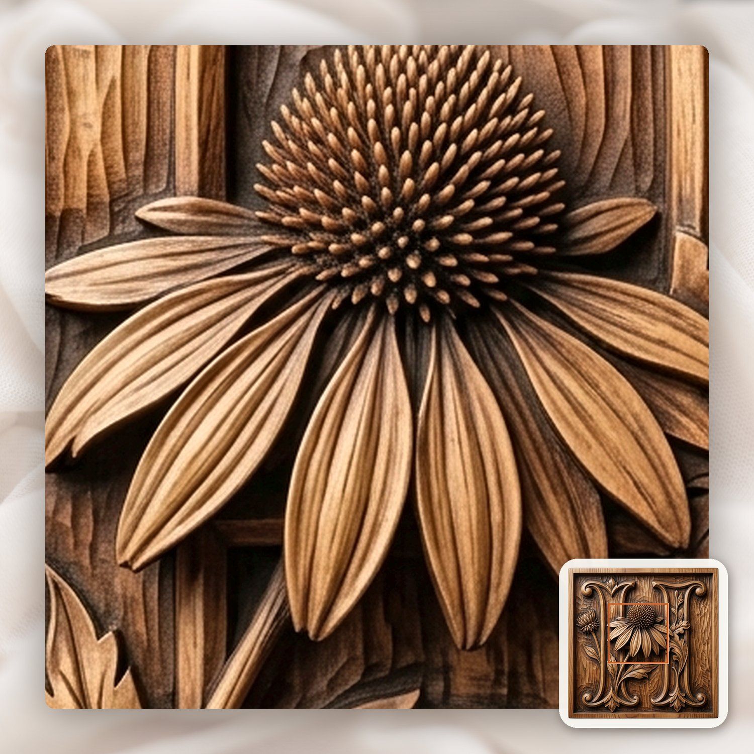 Floral Monogram Letter H Echinacea CNC Relief STL bas-relief STL — view 9