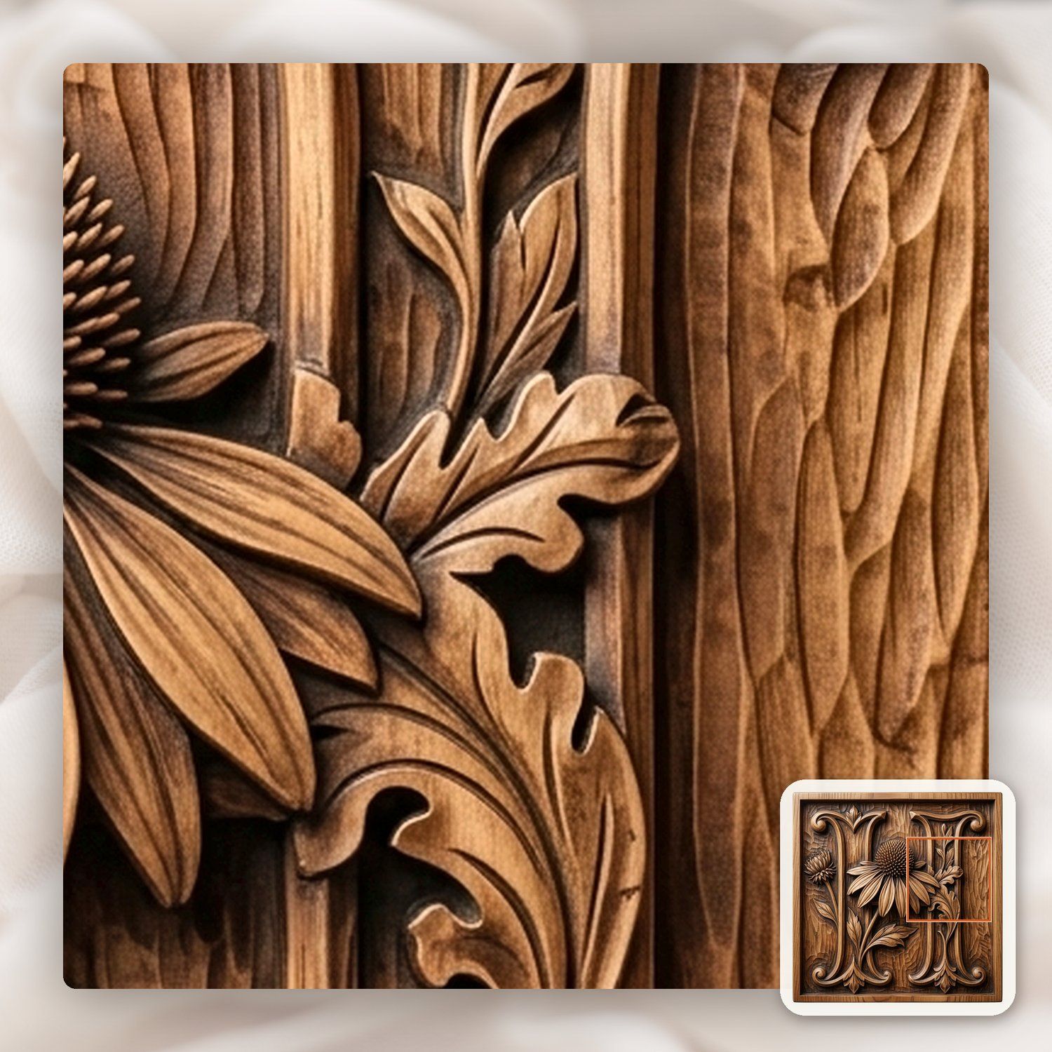 Floral Monogram Letter H Echinacea CNC Relief STL bas-relief STL — view 10