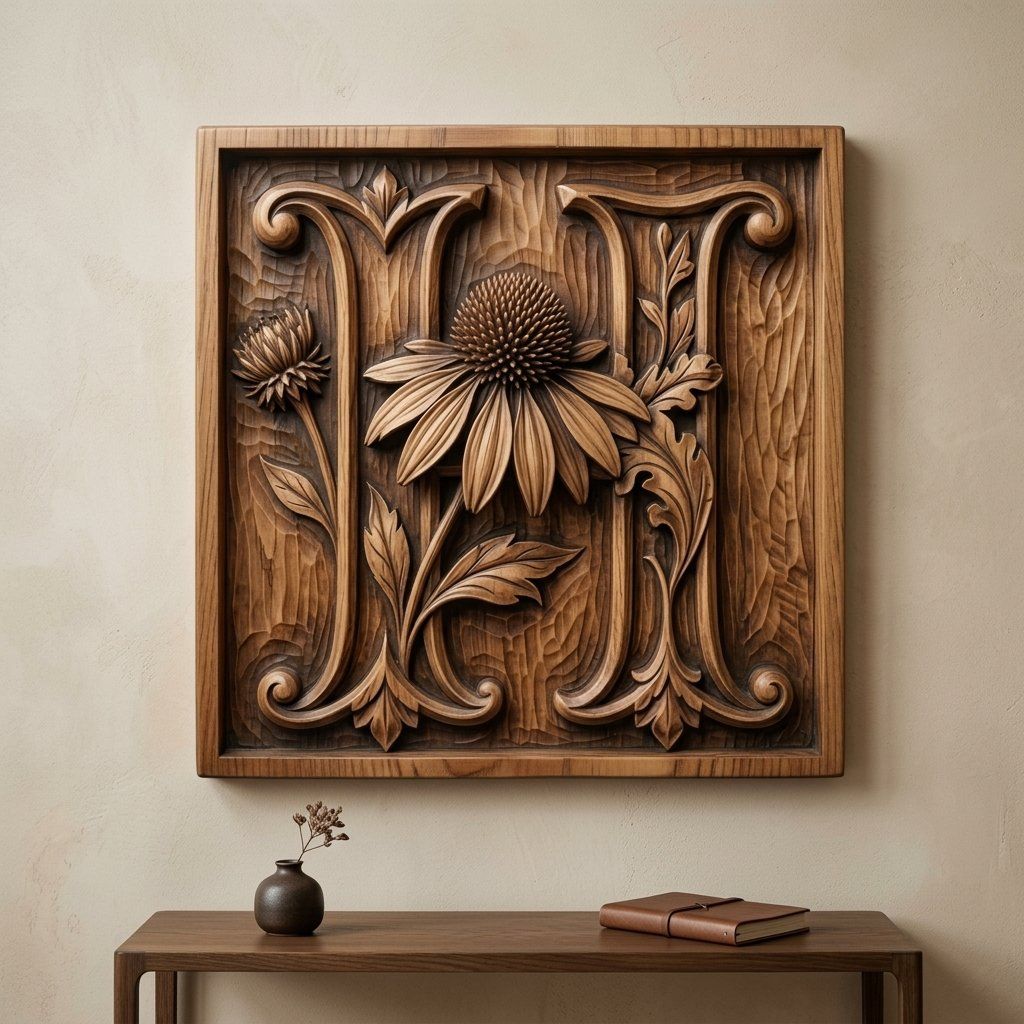 Floral Monogram Letter H Echinacea CNC Relief STL bas-relief STL — view 12