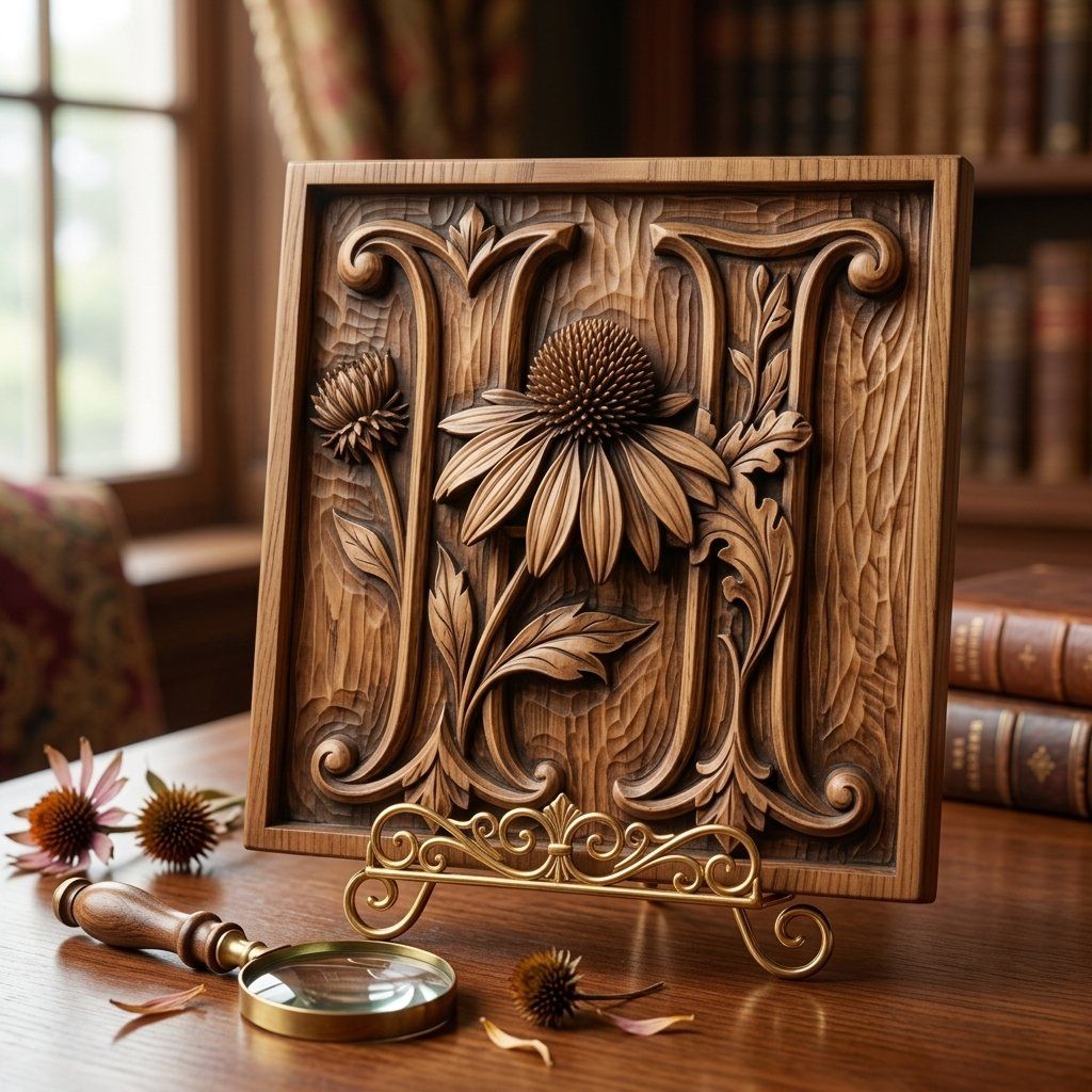 Floral Monogram Letter H Echinacea CNC Relief STL bas-relief STL — view 13