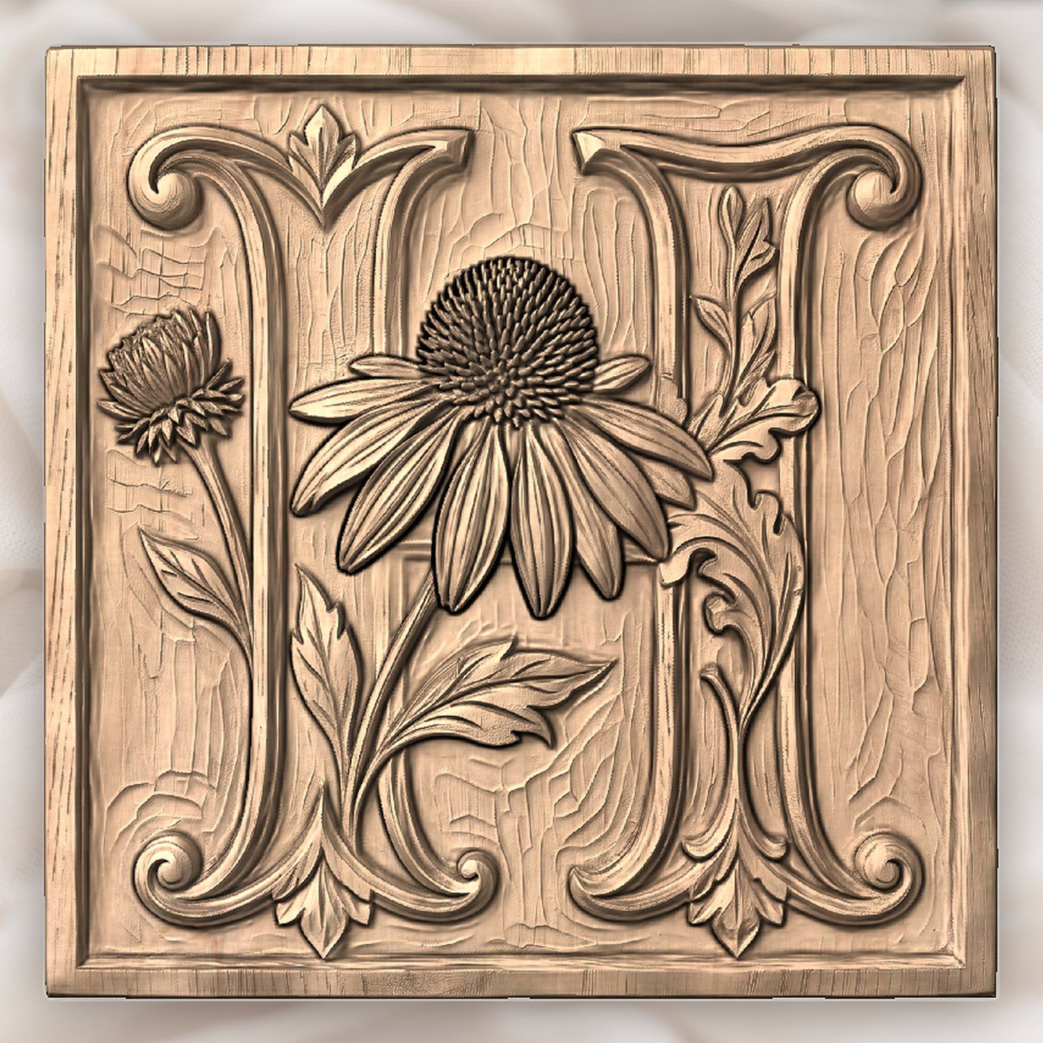 Floral Monogram Letter H Echinacea CNC Relief STL bas-relief STL — view 2