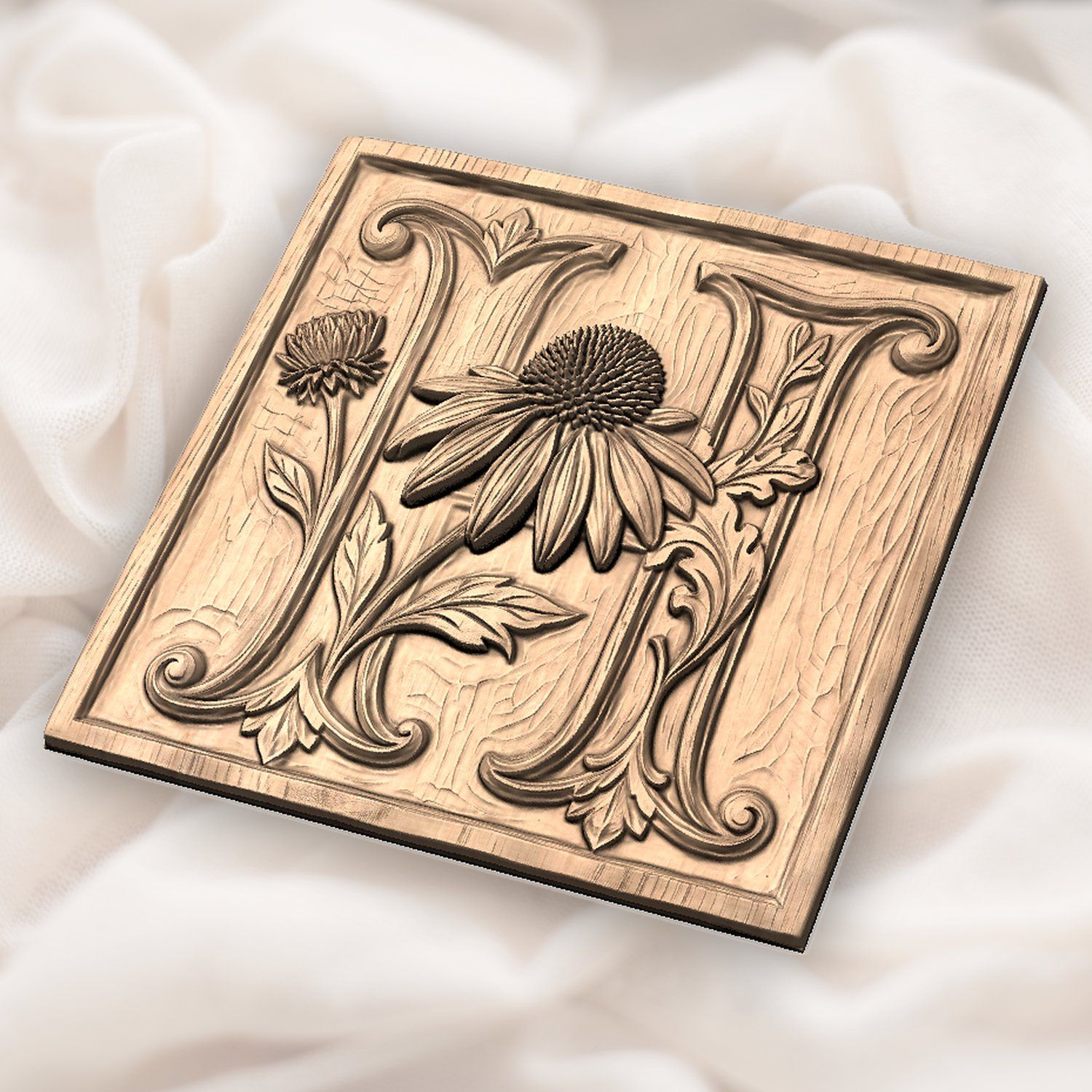 Floral Monogram Letter H Echinacea CNC Relief STL bas-relief STL — view 3