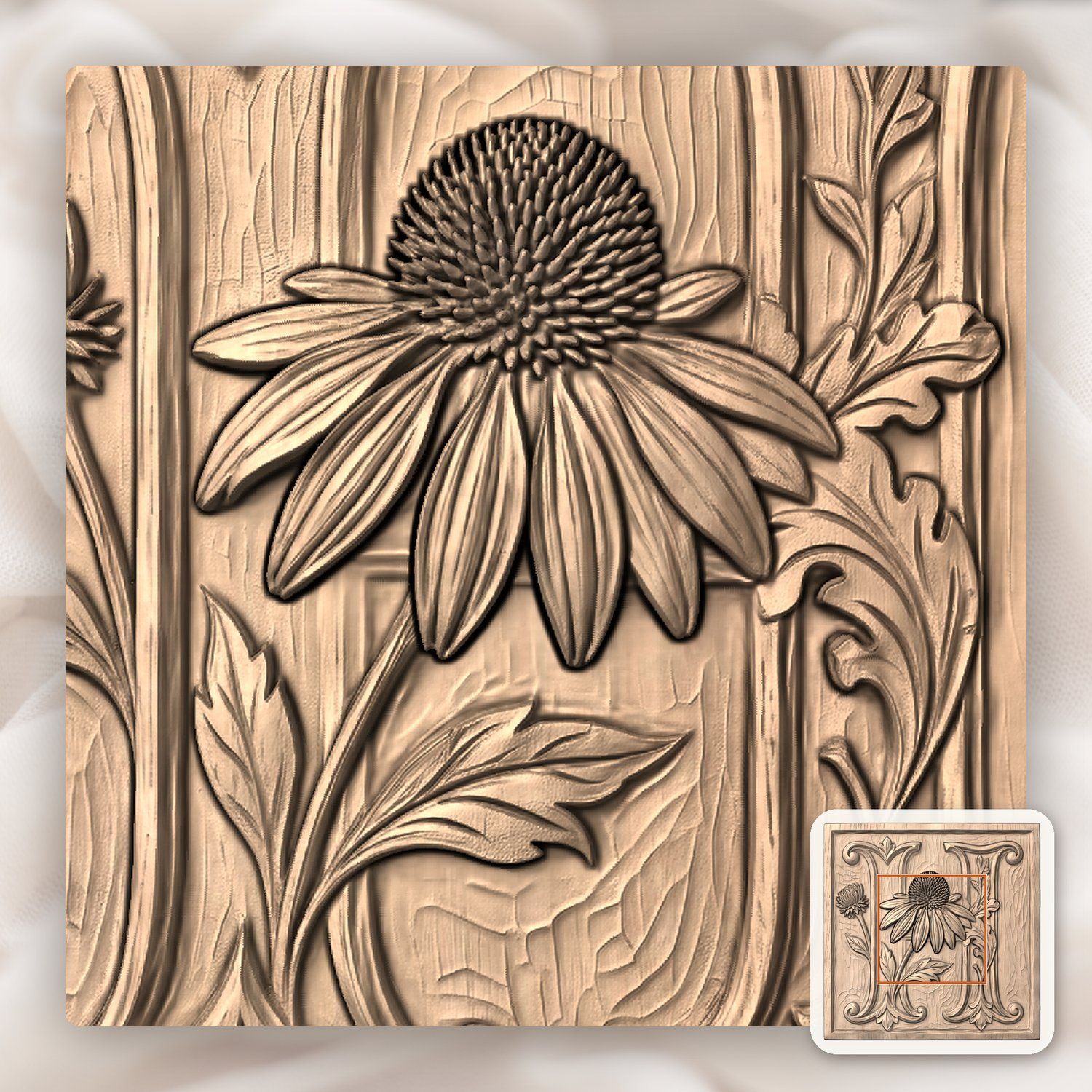 Floral Monogram Letter H Echinacea CNC Relief STL bas-relief STL — view 4